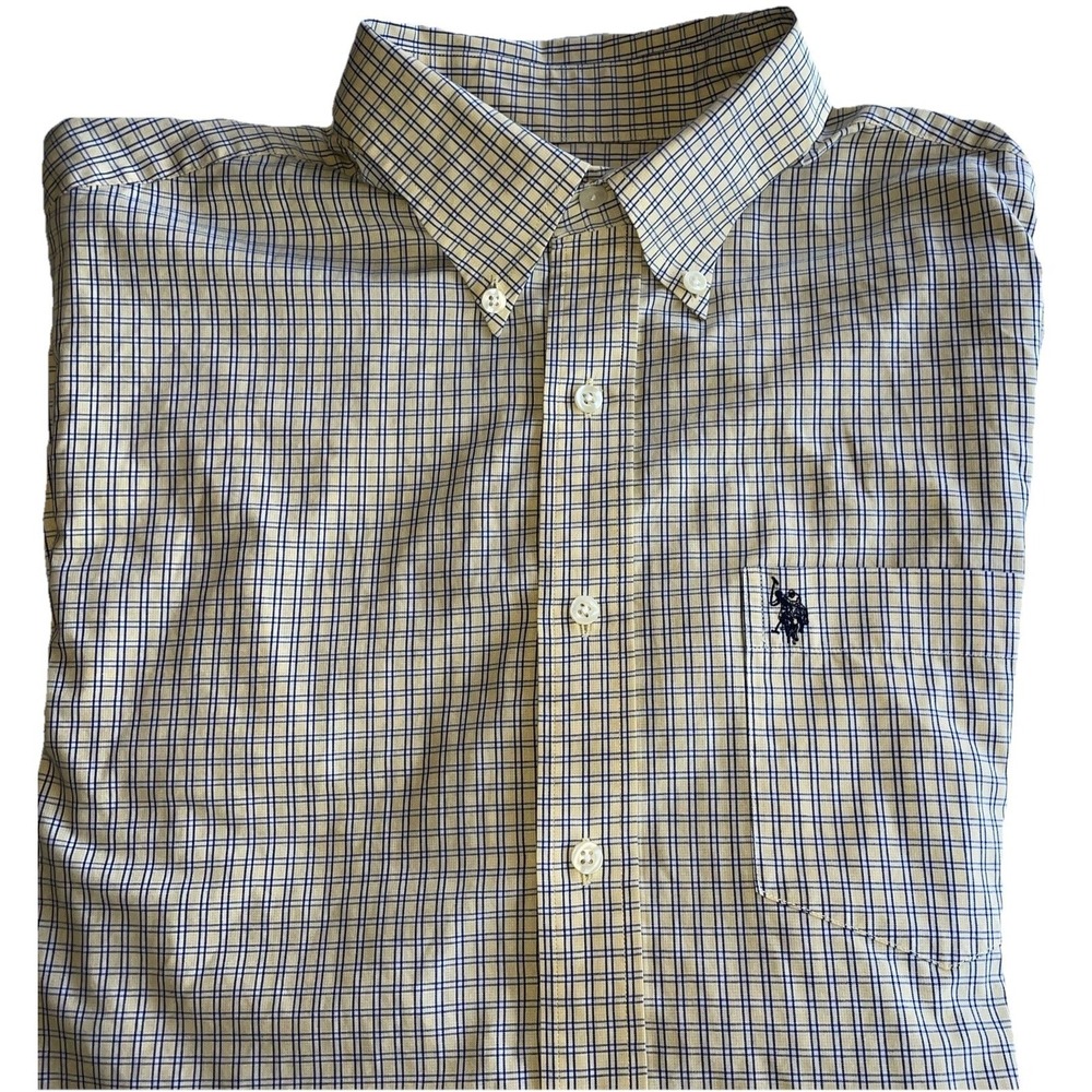 Us Polo Assn Shirt Mens L Plaid Casual Yellow Blue Button Up LS Pocket Logo